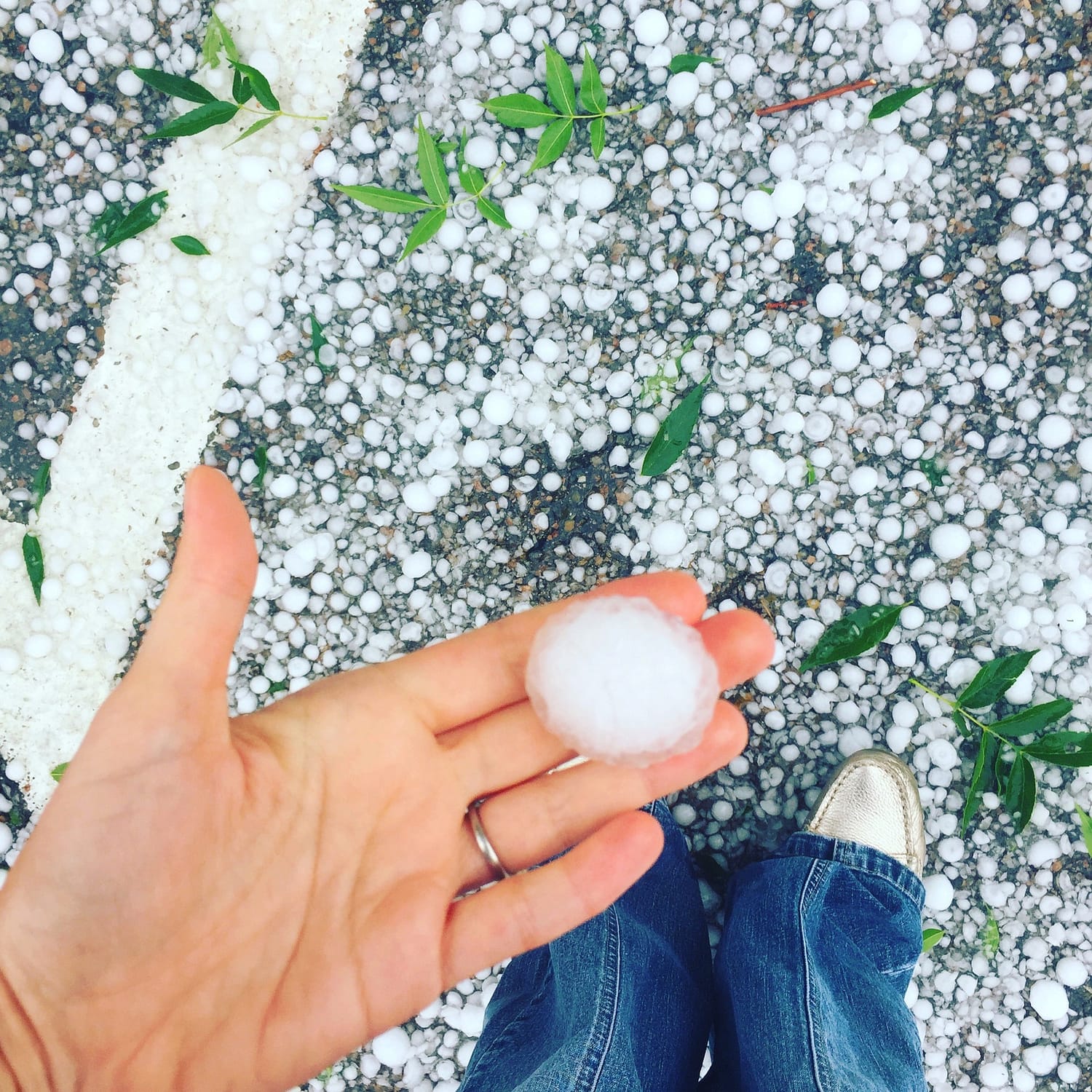 Hail. women’s hand to compare the size of hail pic in white green and blue colors