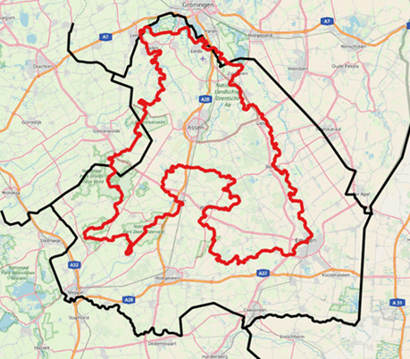 Kaart van Drenthe waarin het Drenthepad wordt weergegeven.