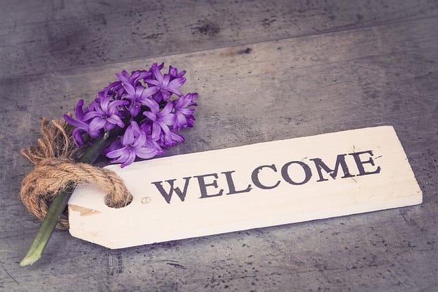 Hyacint met een bordje 'welkom'